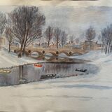 Original watercolor painting "Winter landscape with village and boats"