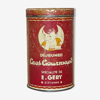 Boîte tôle lithographiée publicitaire vintage Déjeuner Gros Gourmand Spécialité E. Géry St Etienne