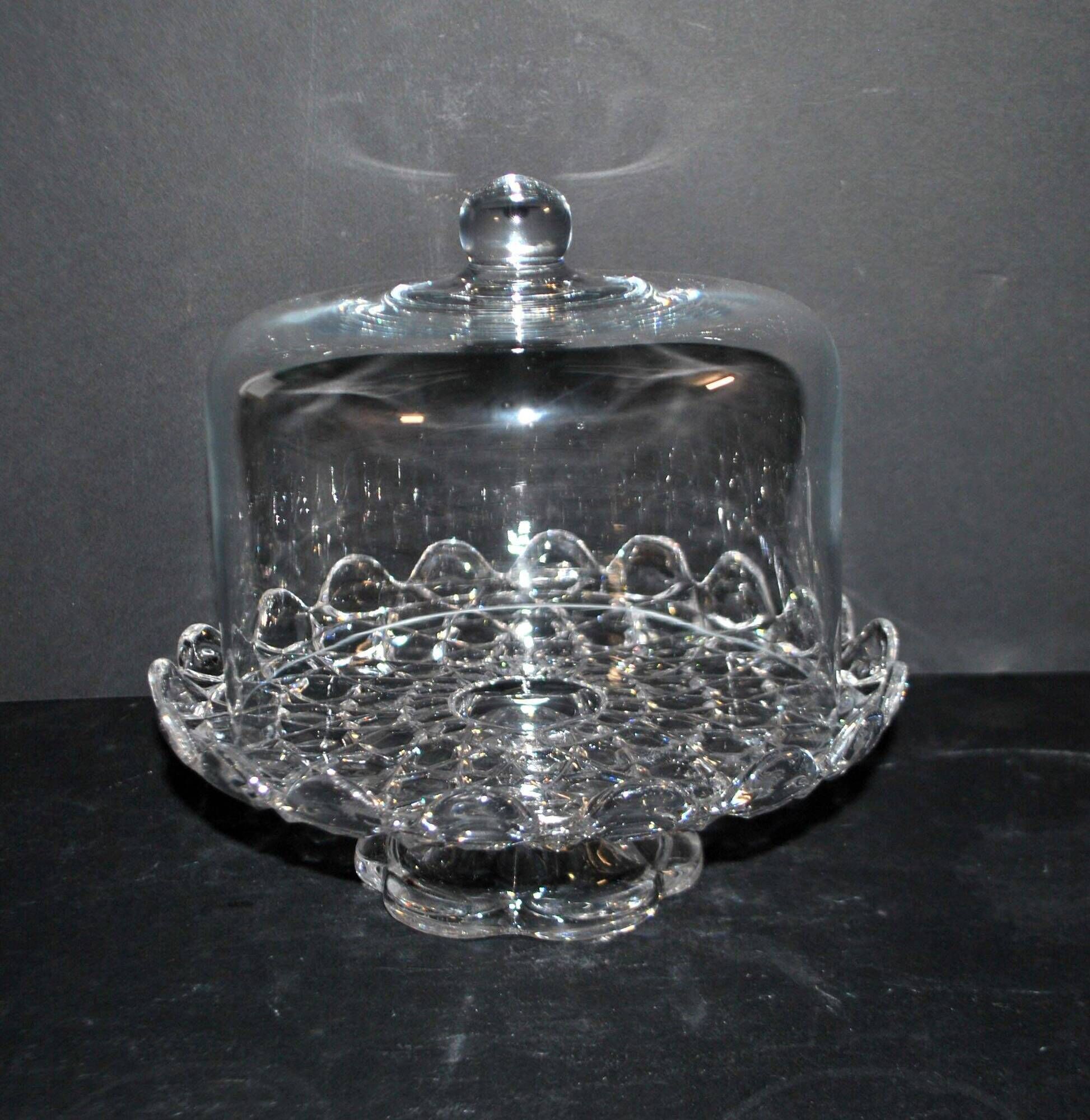Antique cheese dome on a diamond moulded crystal stand, 1920, marked registered.