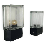 Pair of vintage wall lights, glass and black metal, Italy 1980