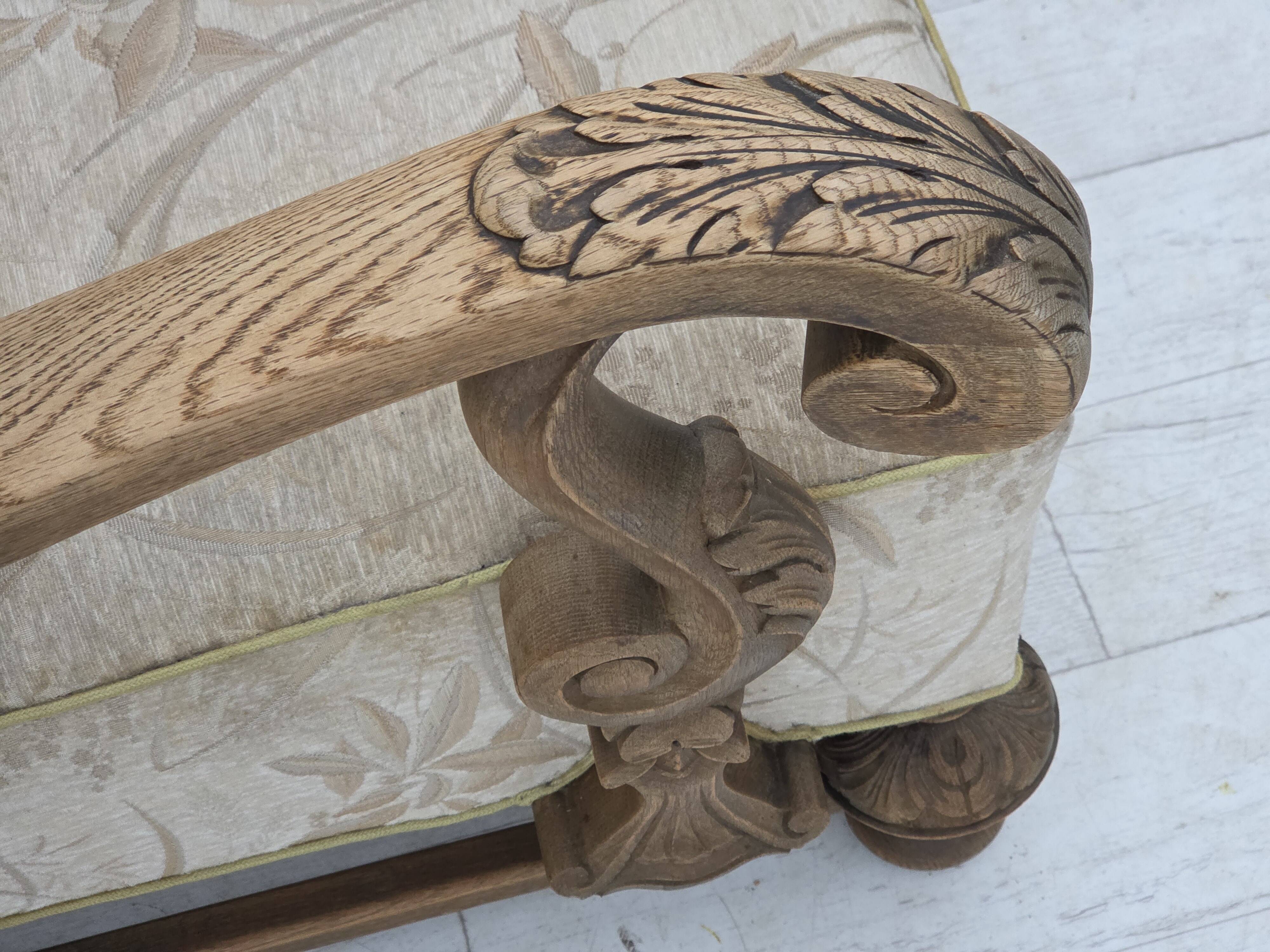 1960s, Danish armchair, beige/brown furniture fabric, carved oak wood.