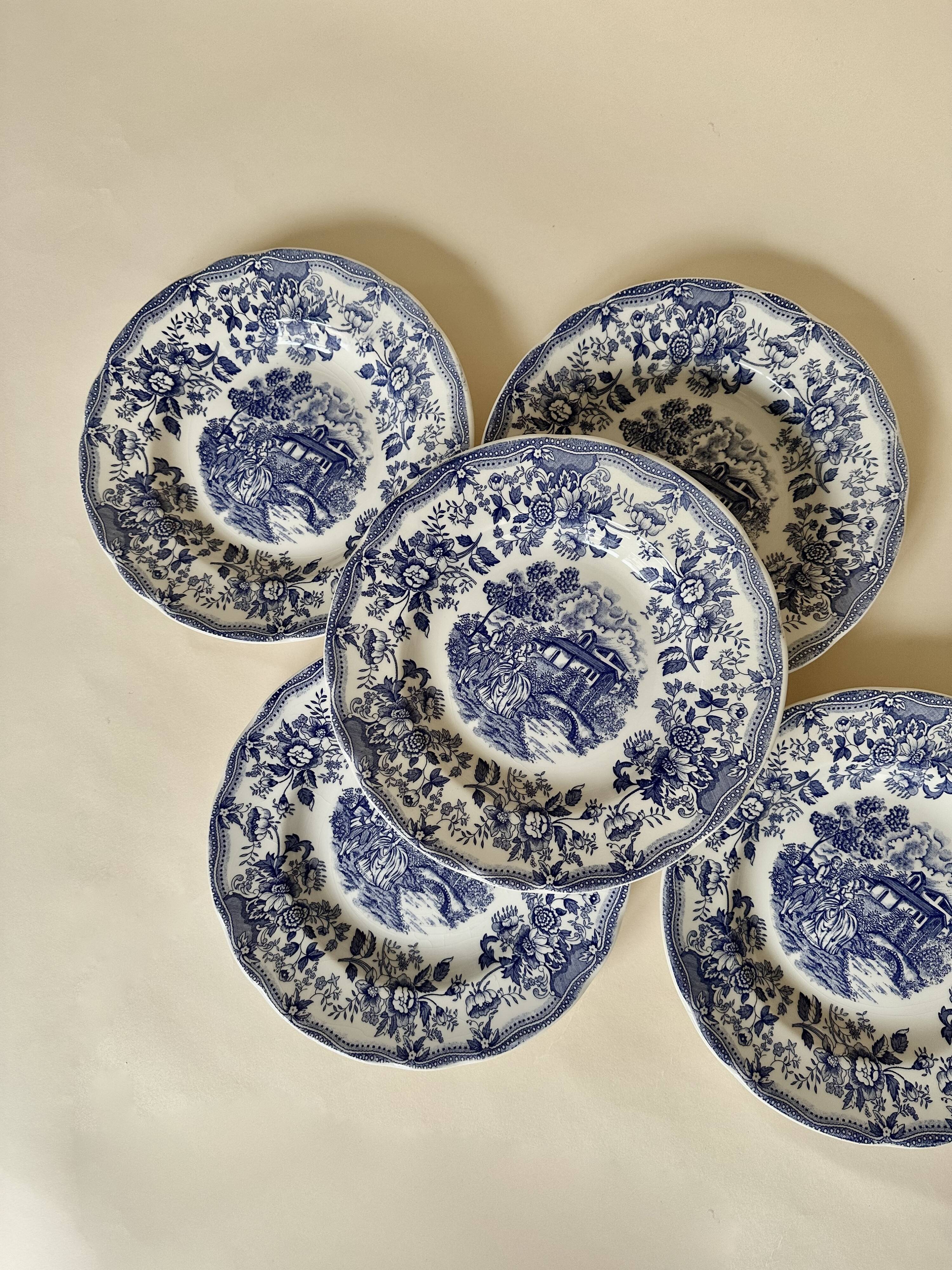 Set of five English deep plates, made of ironstone ceramic, romantic scene.