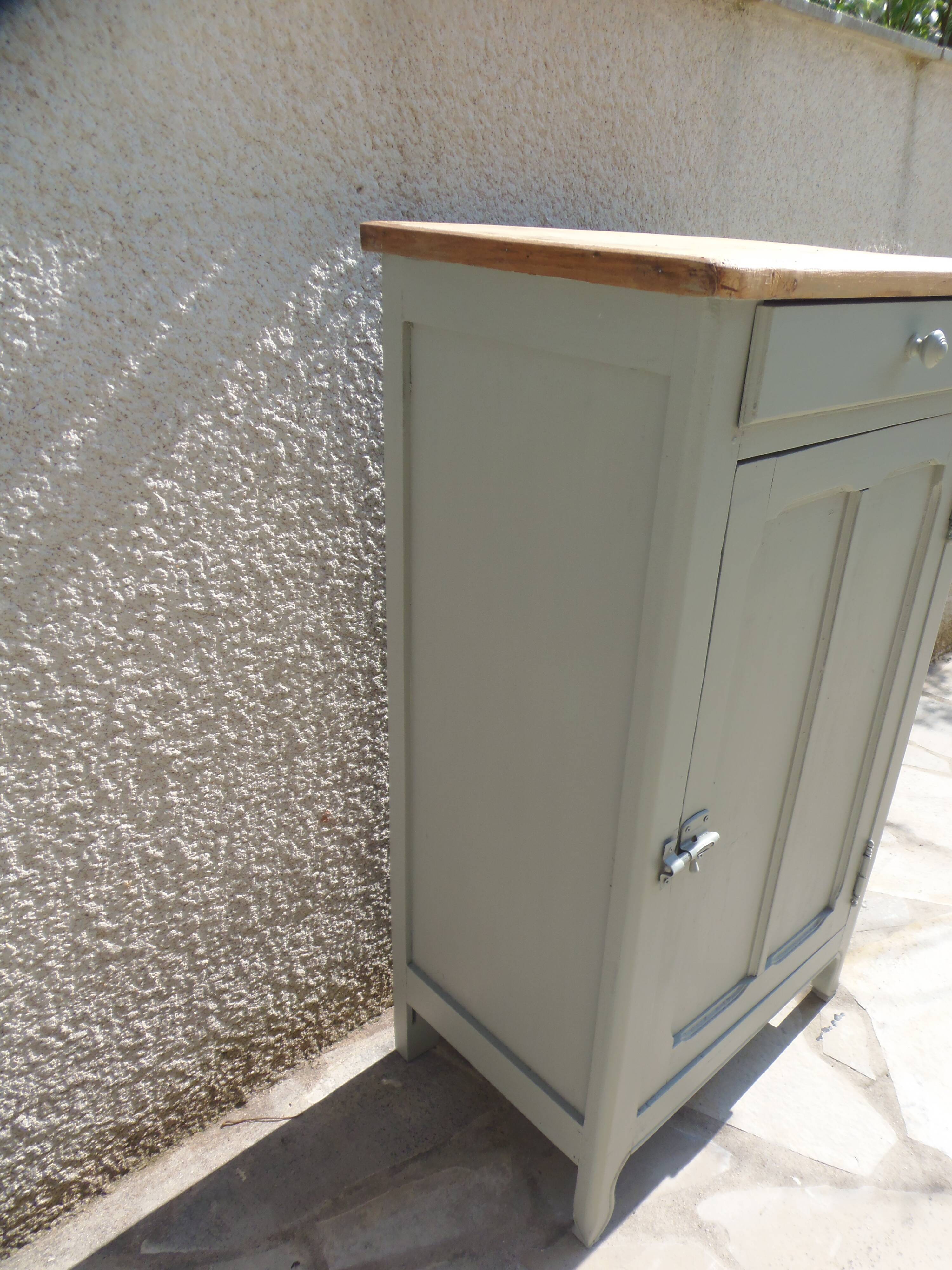 Vintage Parisian cupboard with 1 door, 1 drawer, reimagined in grey-green.