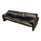 Canapé Maralunga 3 places en cuir noir par Vico Magistretti pour Cassina
