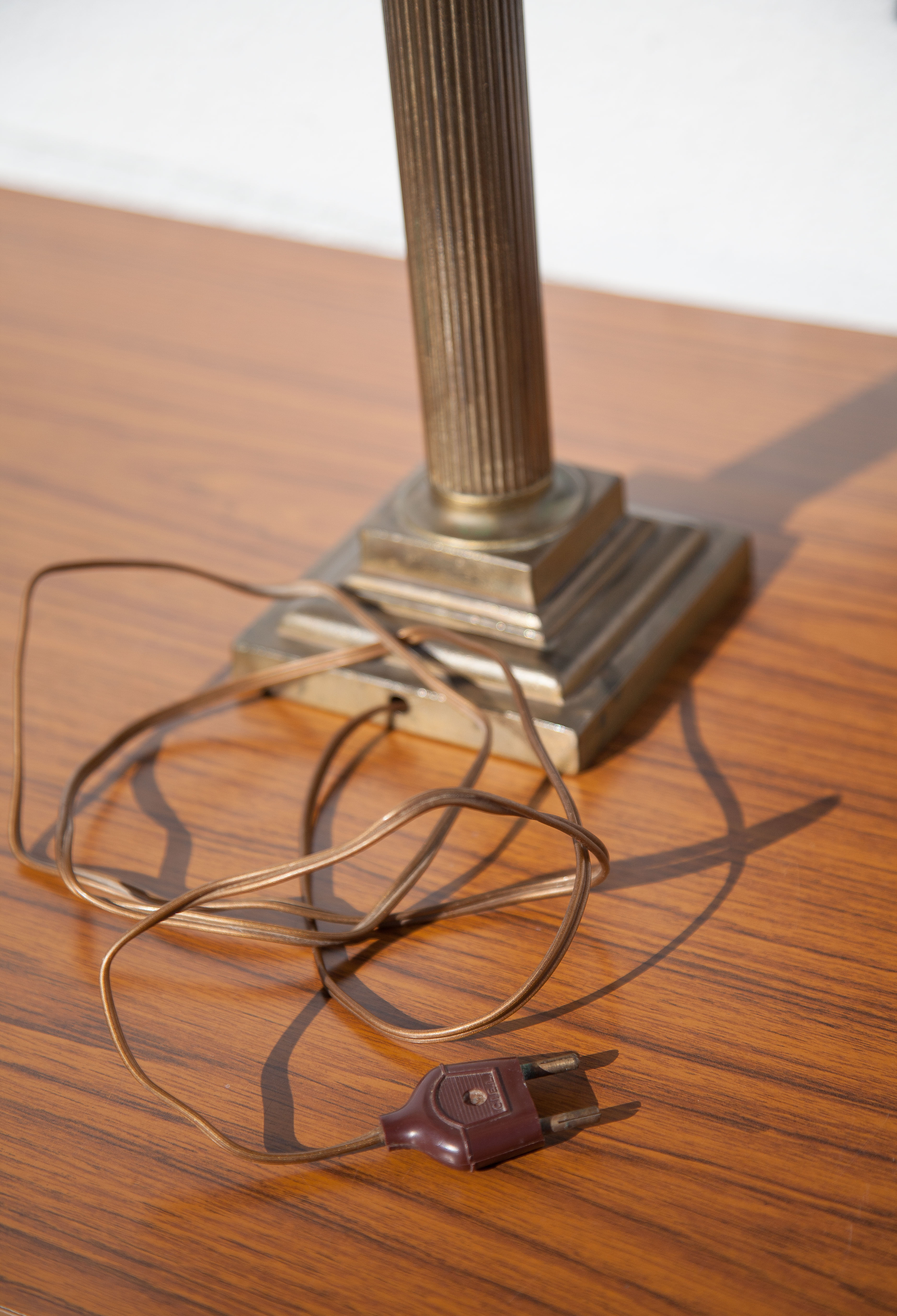 Brass lamp with vintage blue laminated lampshade