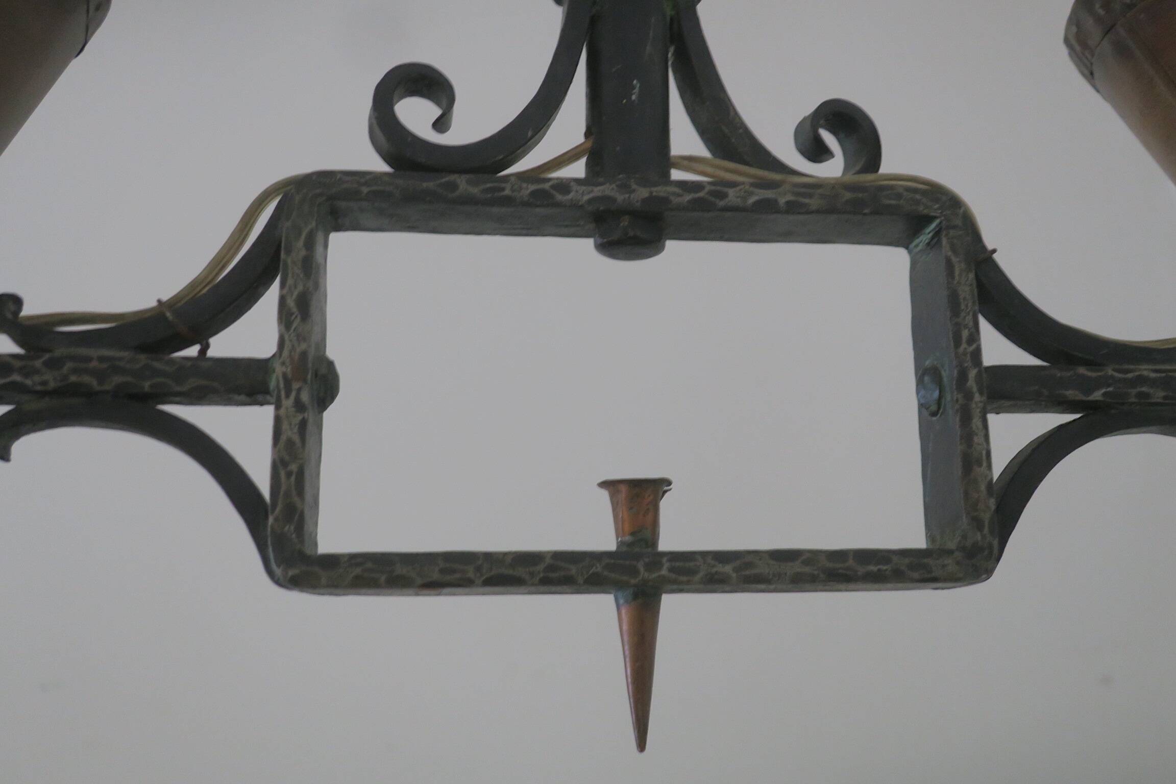 Brutalist wrought iron and copper 2-arm chandelier, 1960s