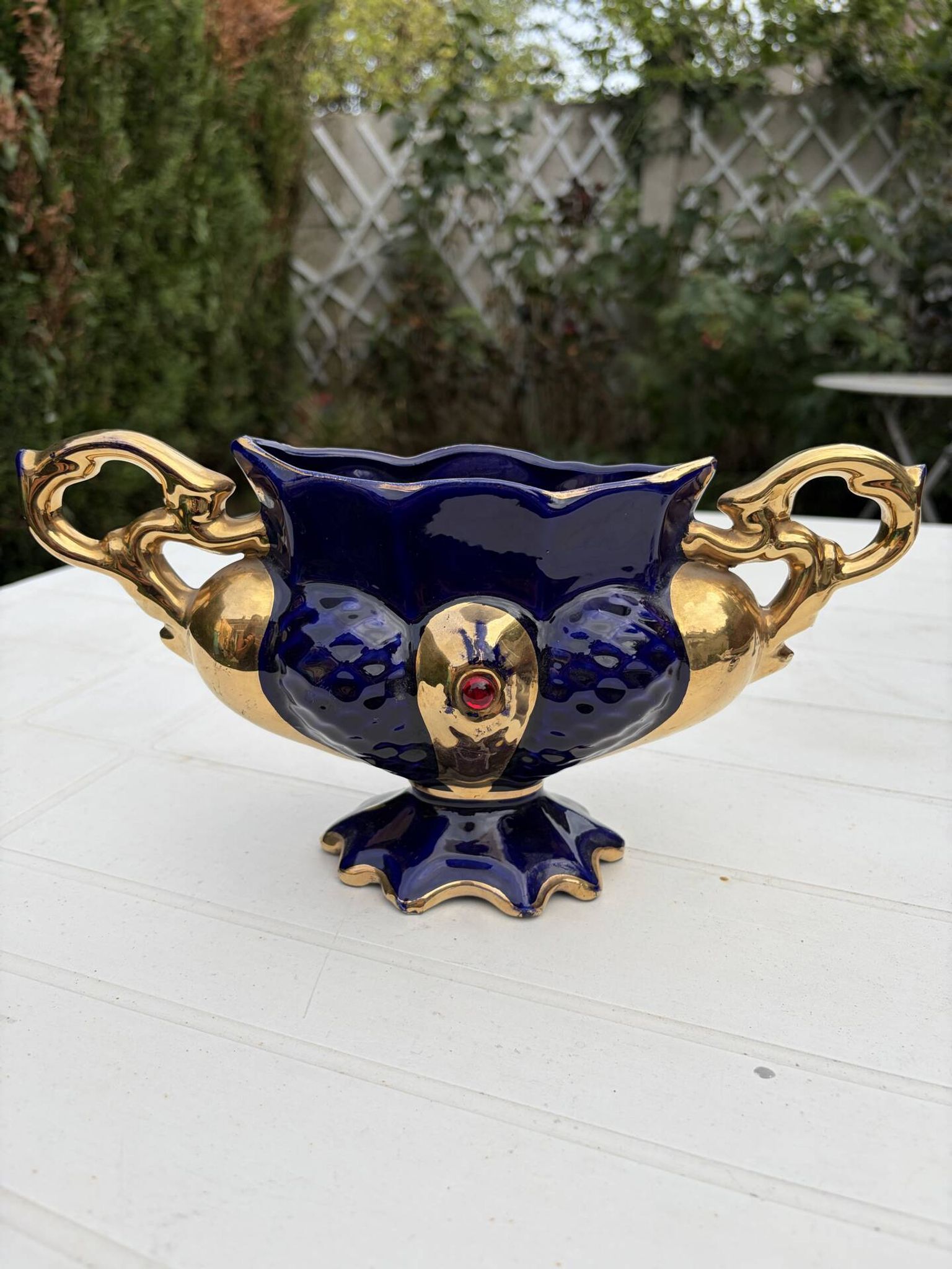 Cobalt blue vase urn planter gold-plated vintage Italy