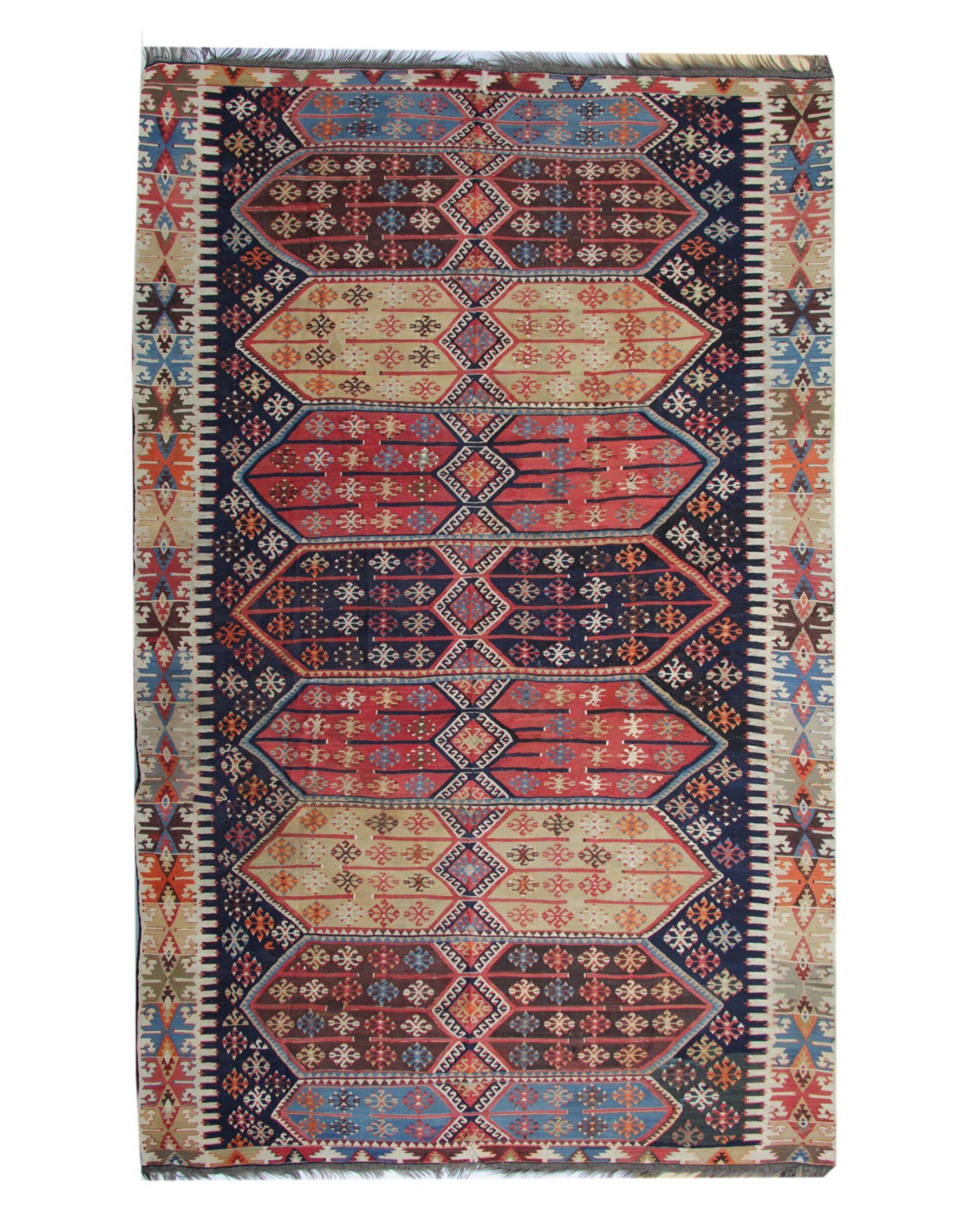 Tapis Kilim tribal turc tissage plat géométrique en laine, années 1880