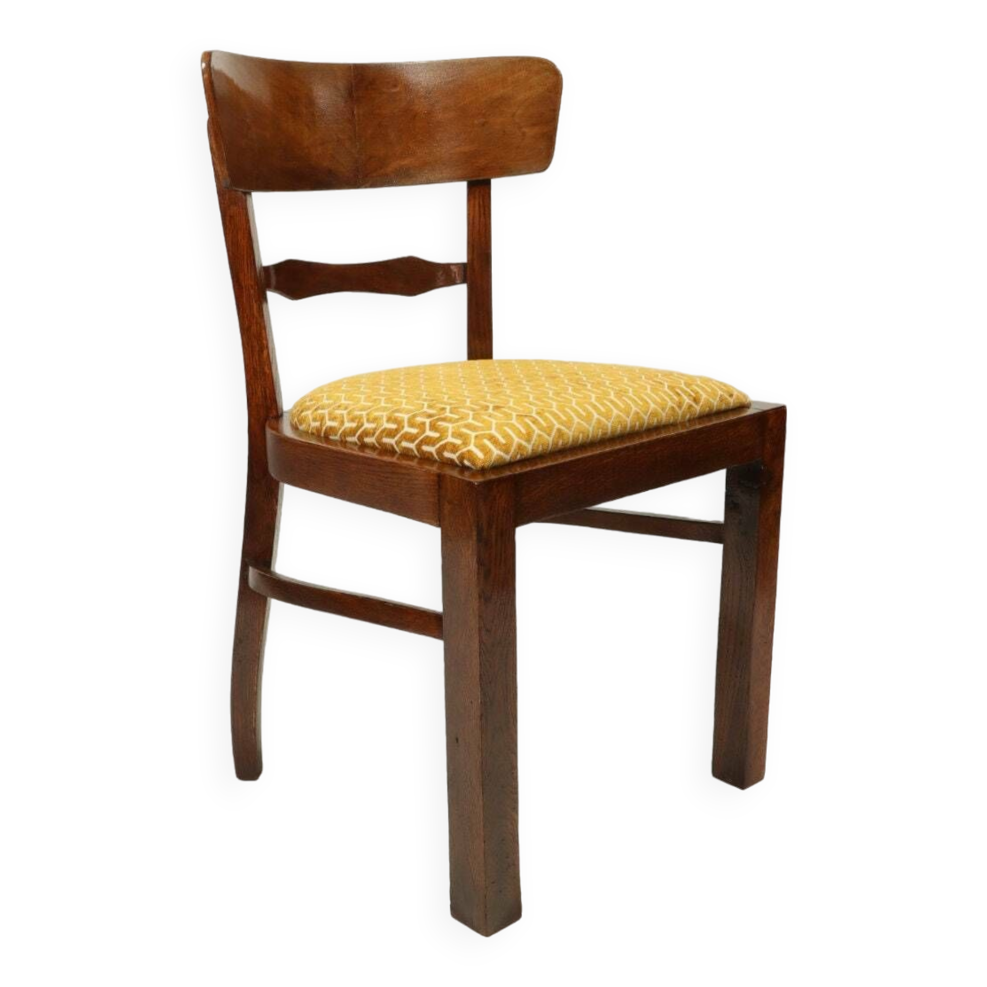 Chaise Art Déco des années 1940, chaise de cabinet Jacquard couleur or jaune tissu tapisserie d'ameublement géométrique Resto