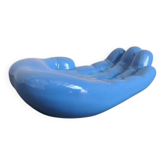 Vintage hand-shaped ceramic trinket dish in blue, 1970s decorative sculpture, retro design object, centerpiece, home decor, soap dish
