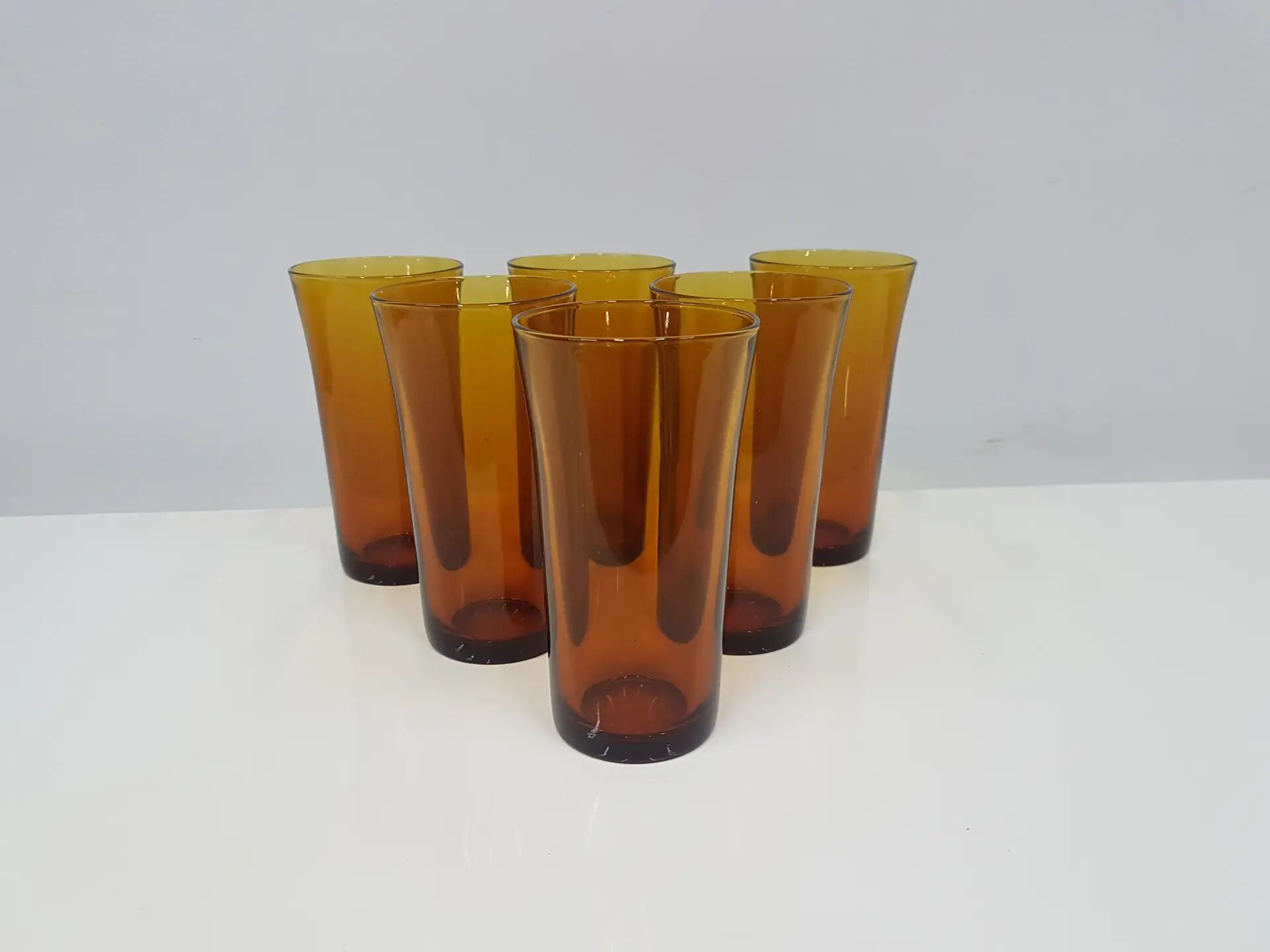 Set of six amber glass tumblers, Duralex, France, 1980s.