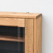 Antique wall display cabinet in natural wood and black – small glass-fronted collector's piece.