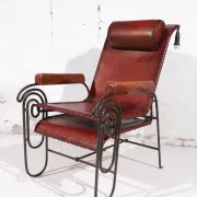 French art deco lounge chair in wrought iron and leather with footrest