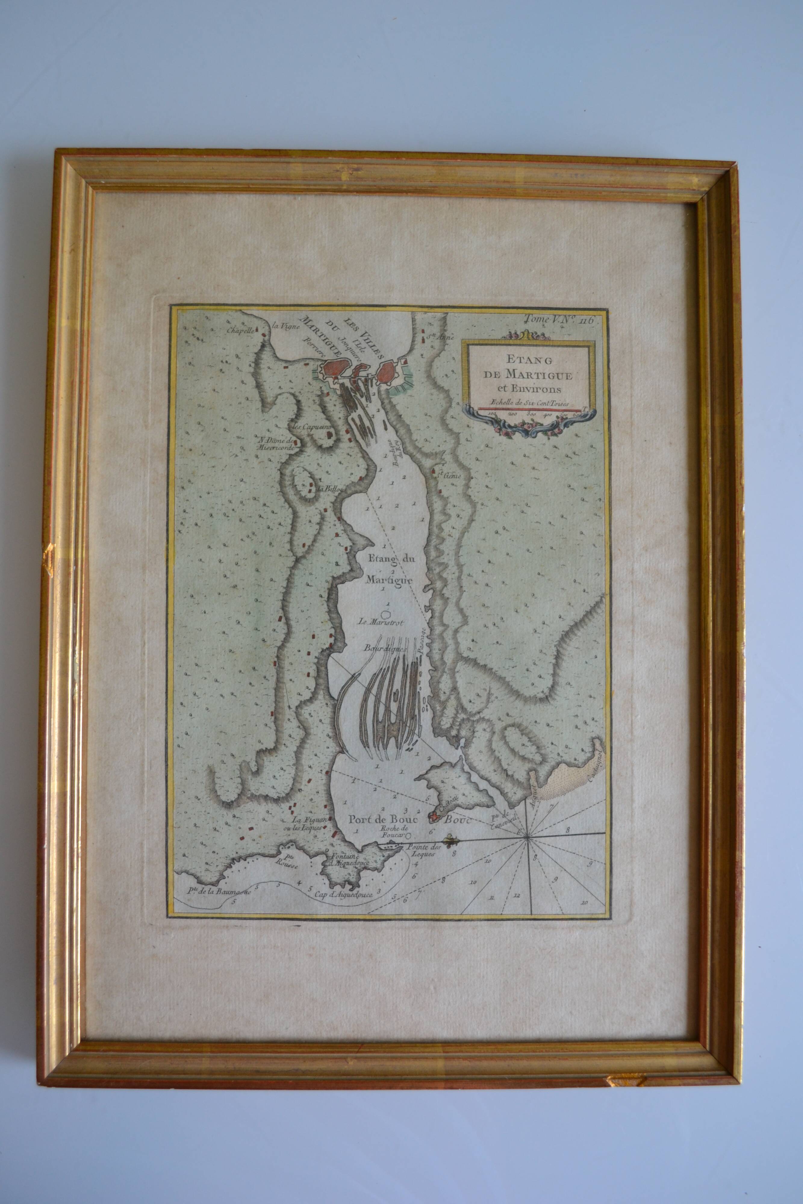 Martigues pond Old geographical map 18th century engraving 1764 by Bellin