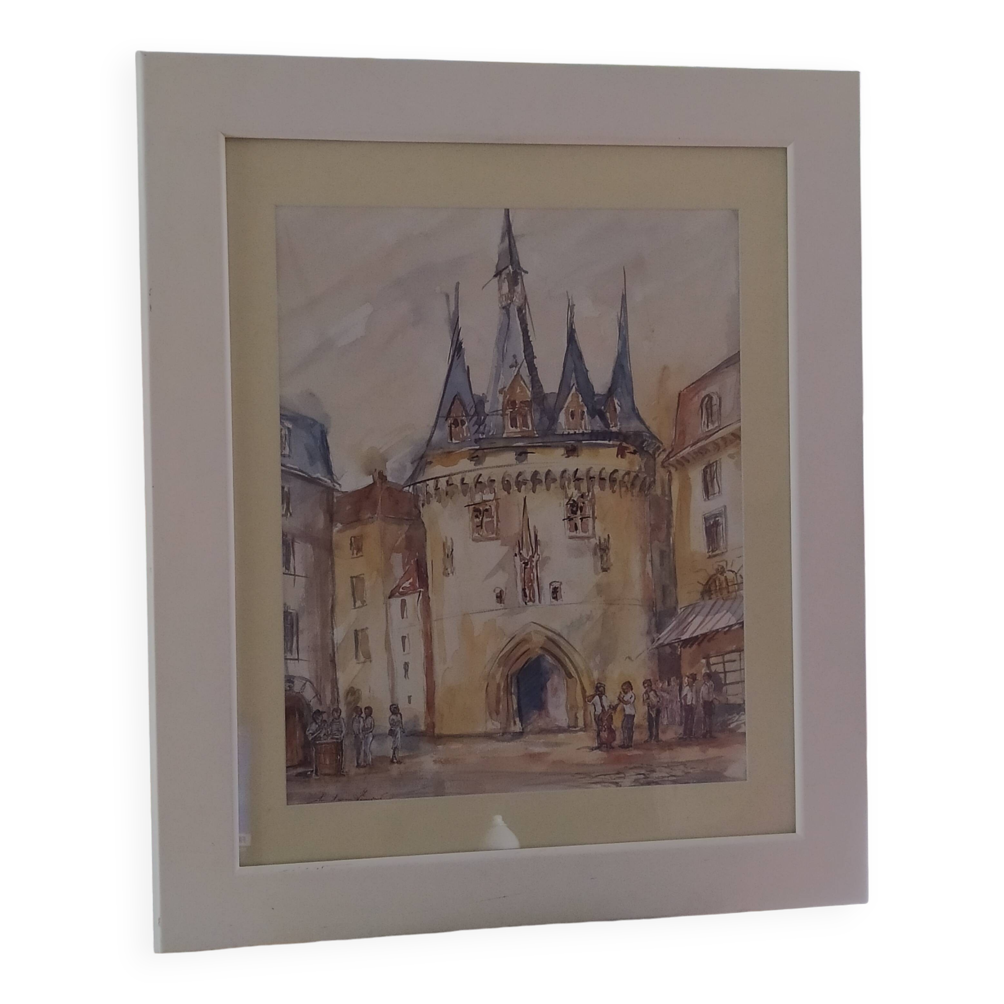 Watercolor "Music Festival at Porte Cailhau" Bordeaux signed Fouquet