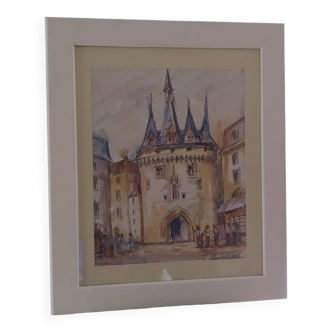 Watercolor "Music Festival at Porte Cailhau" Bordeaux signed Fouquet