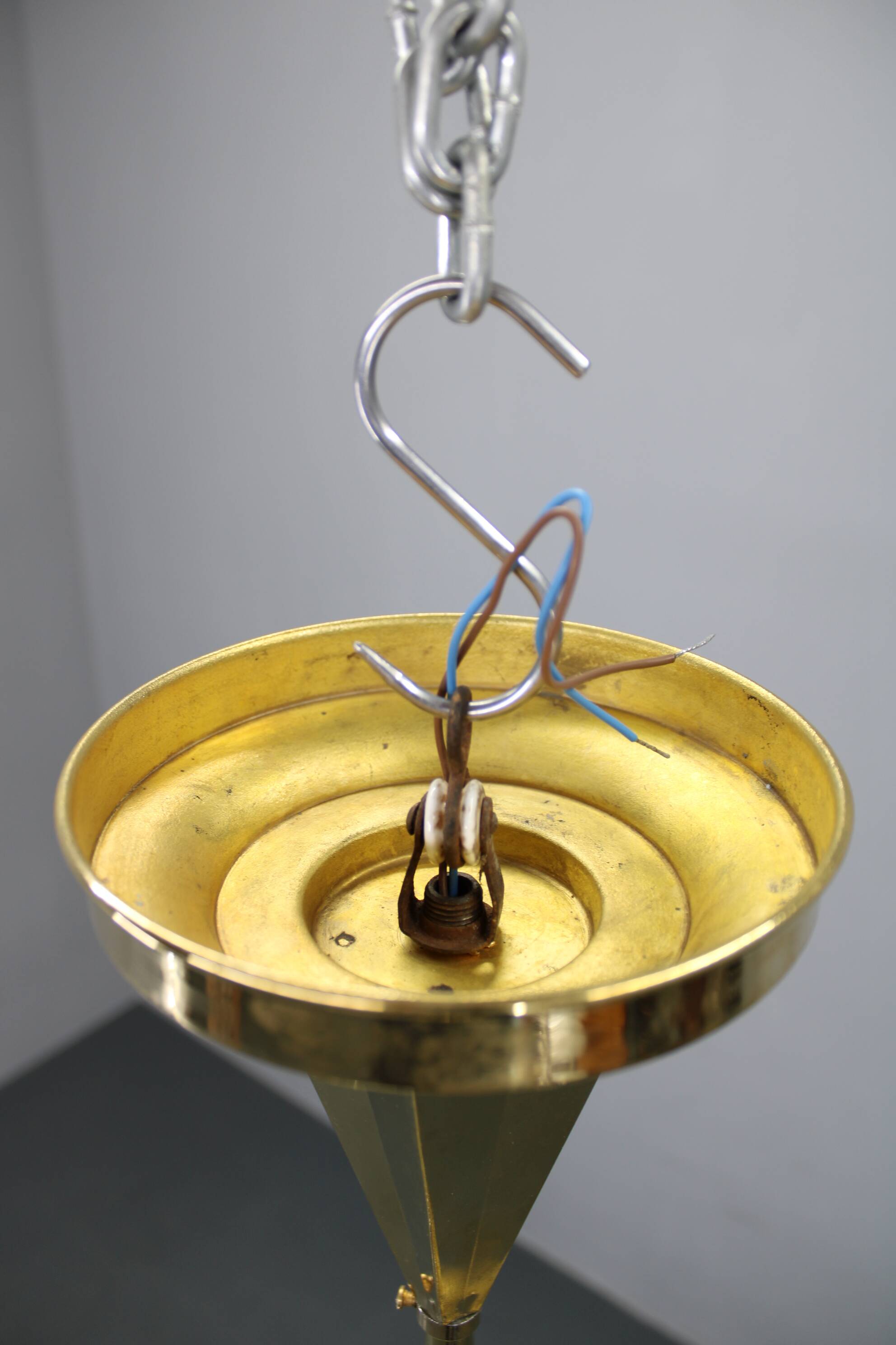 1930s Czechoslovak Art Deco brass chandelier with five opaline glass globes