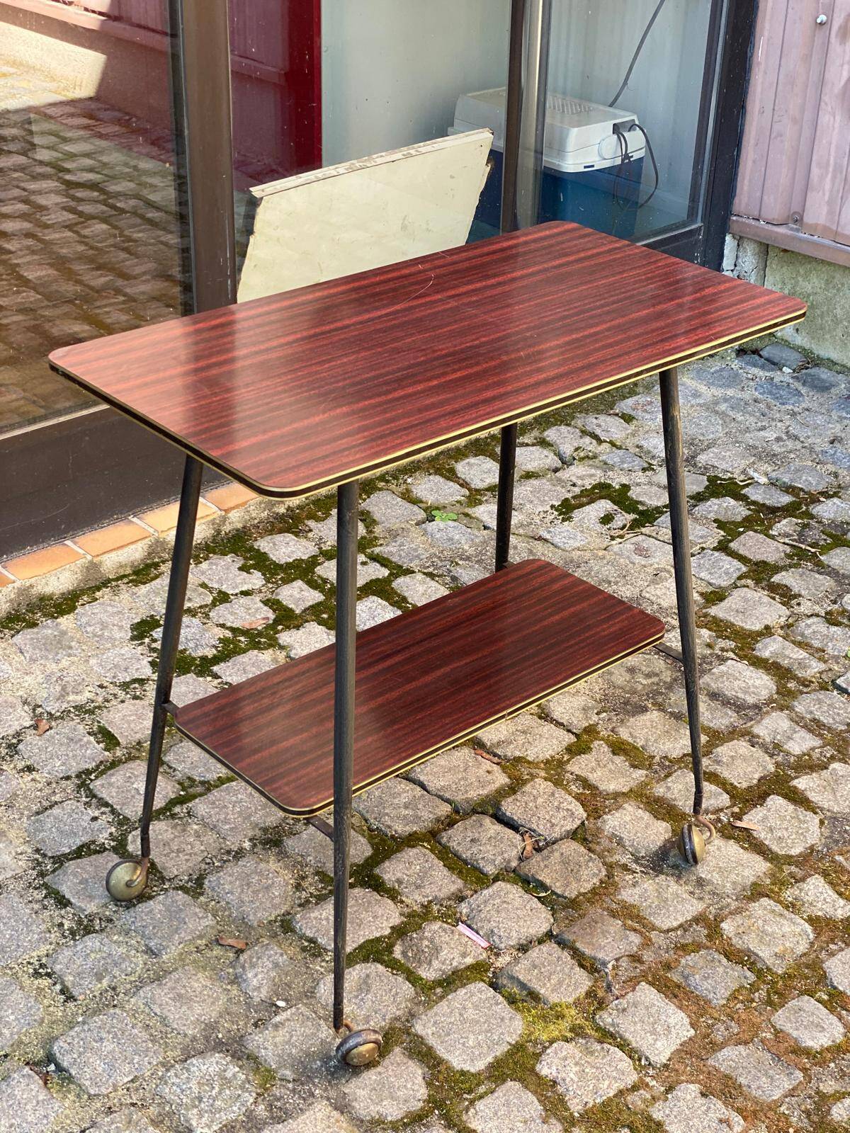 Desserte table roulante 2 niveaux en palissandre laqué laiton doré