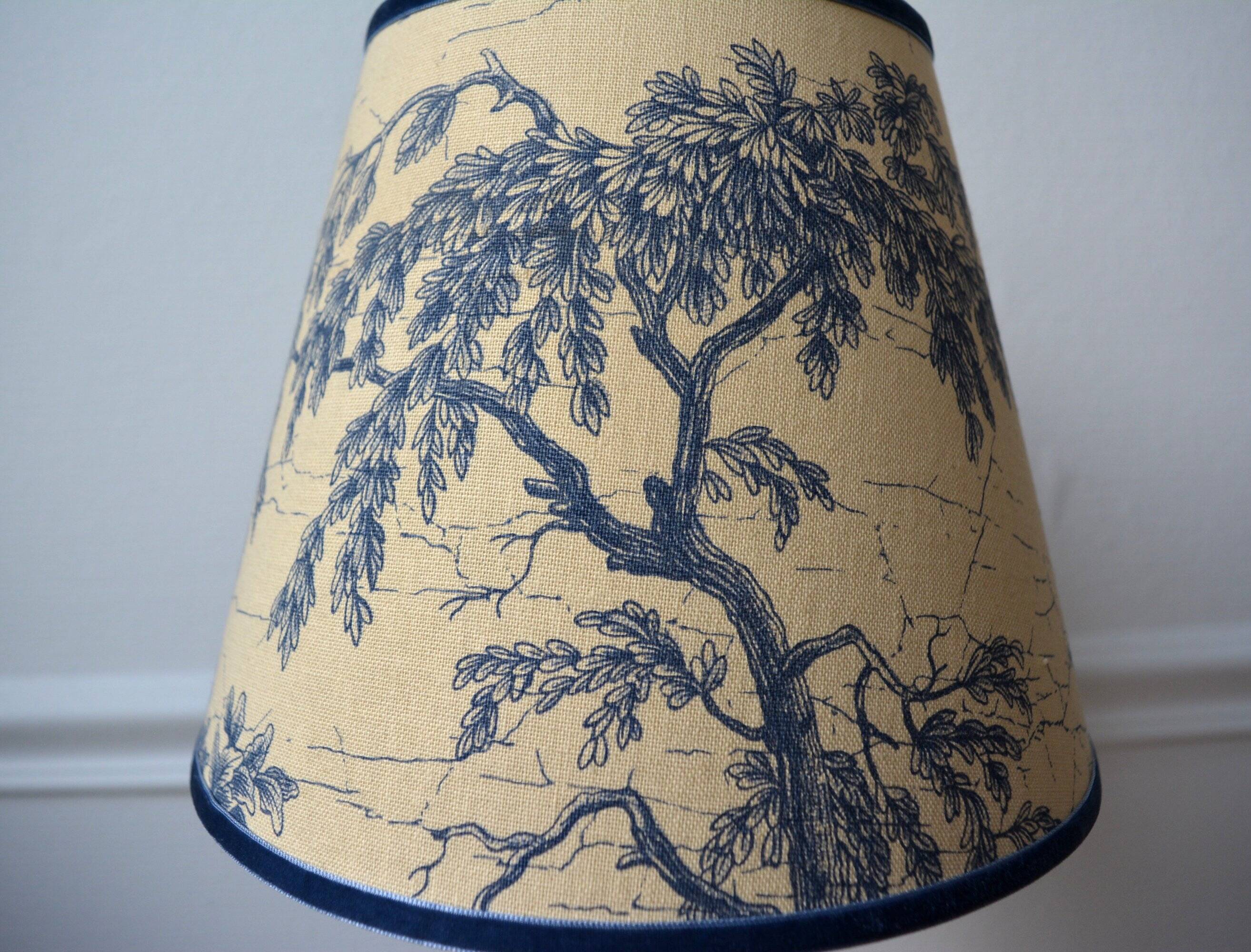 Jouy fabric lampshade, blue, tree pattern, leaves