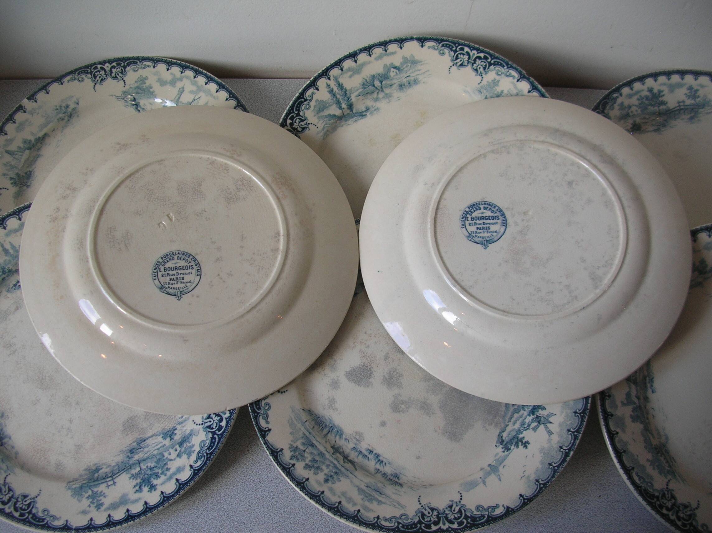 Lot of 8 old large Dépôt E. Bourgeois Paris earthenware plates 23 cm