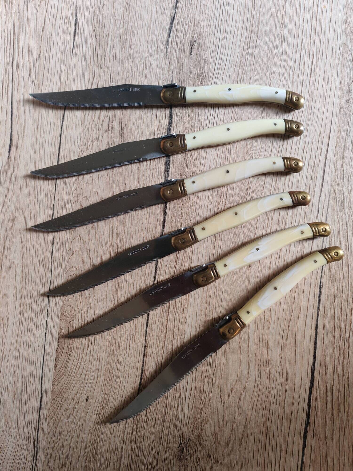 Vintage Box 6 Laguiole Table Knives Ivory Handles Gold Bolsters