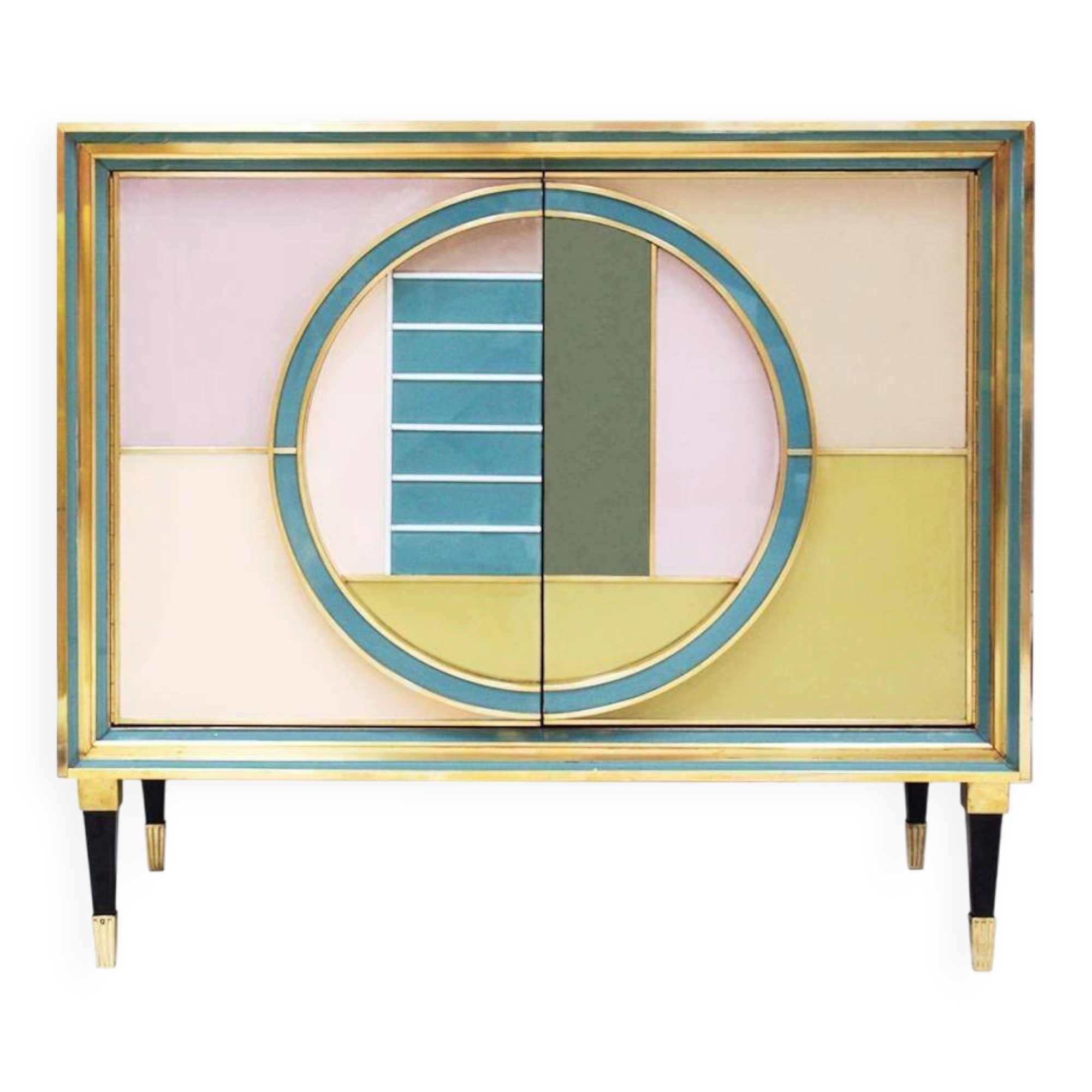 Mid-Century Modern Style Italian Cabinet Wood, Brass and Colored Glass