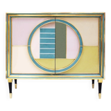 Mid-Century Modern Style Italian Cabinet Wood, Brass and Colored Glass