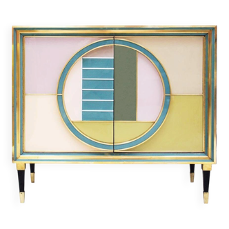 Mid-Century Modern Style Italian Cabinet Wood, Brass and Colored Glass