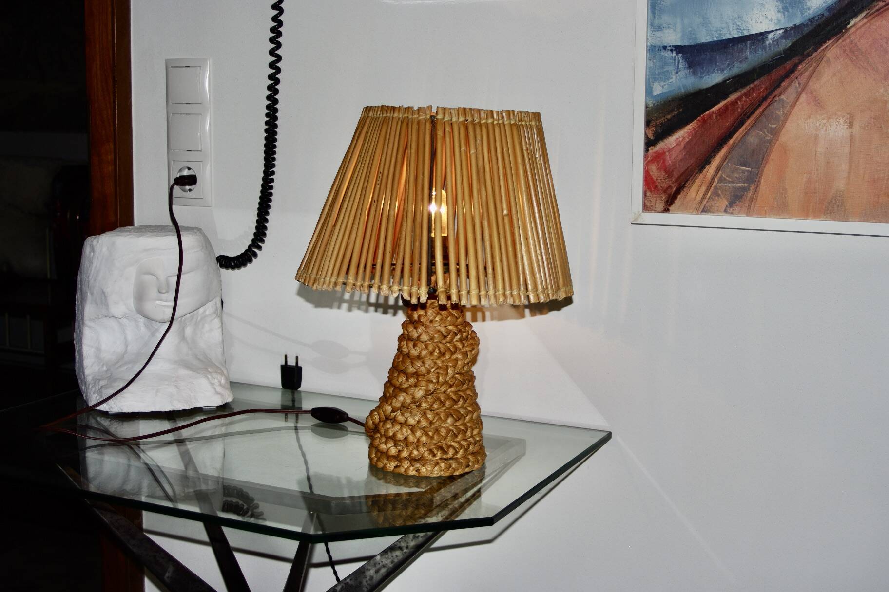 Vintage lamp in braided reed and bamboo