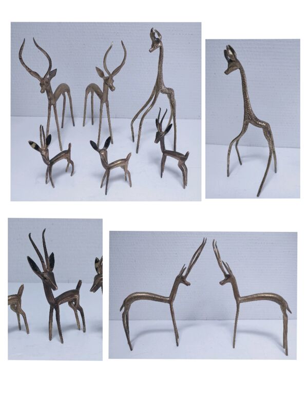 cinq sculptures gazelles antilopes girafe laiton vintage