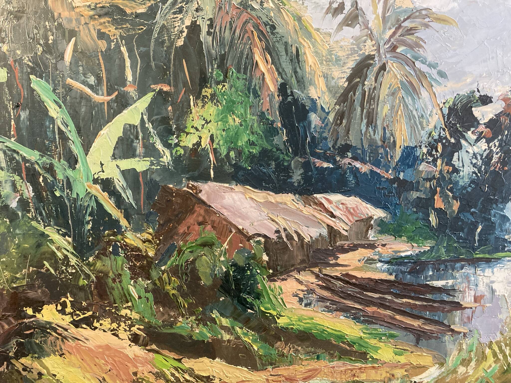 REMILANDOU, HSP landscape fisherman’s cabin Congo signed 20th century