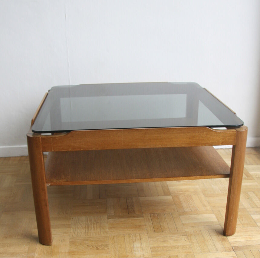 Table basse carrée en teck et verre - 1970
