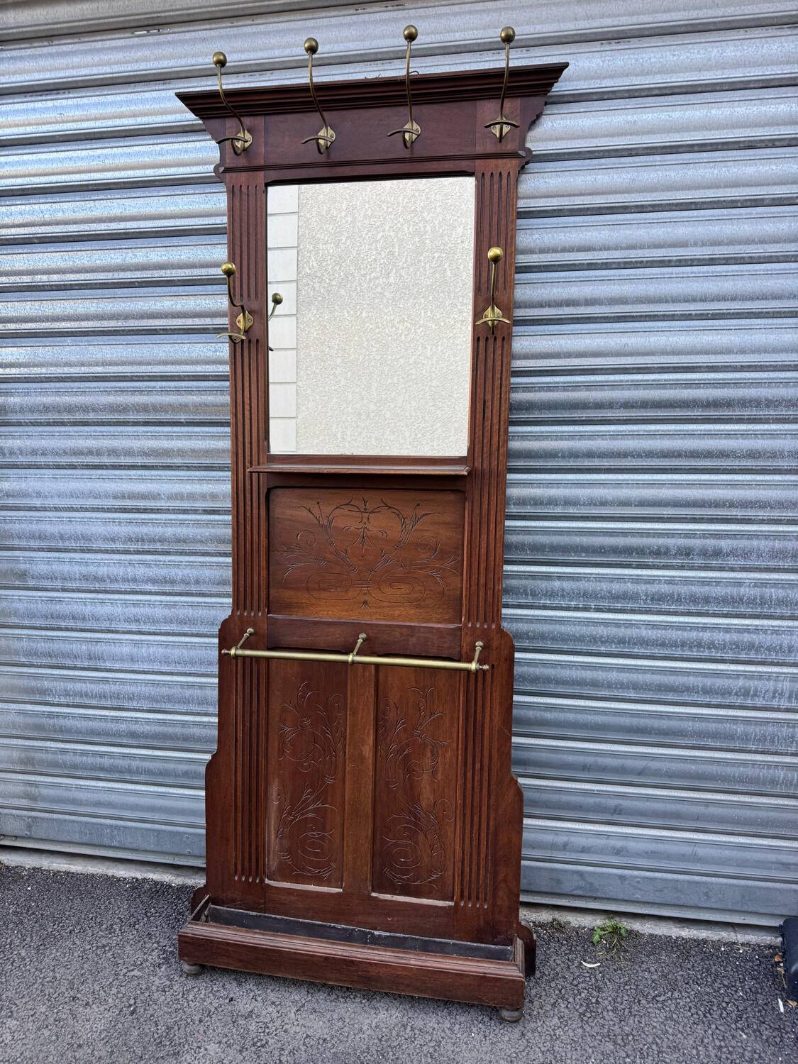 Antique hall coat rack – mirror, hooks & umbrella stand