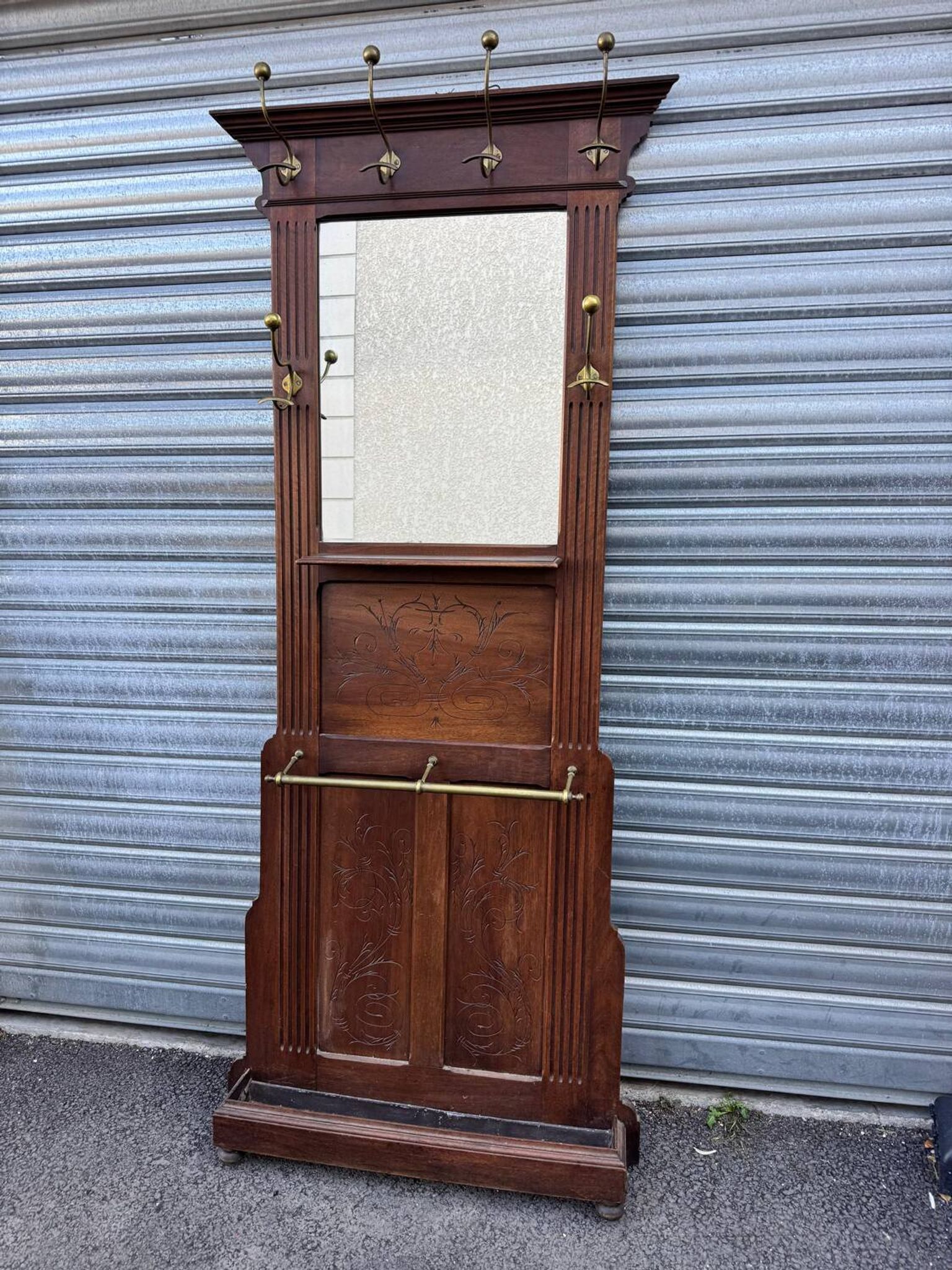Antique hall coat rack – mirror, hooks & umbrella stand