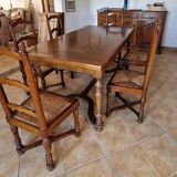 Marquetry wooden dining table with its 6 chairs.