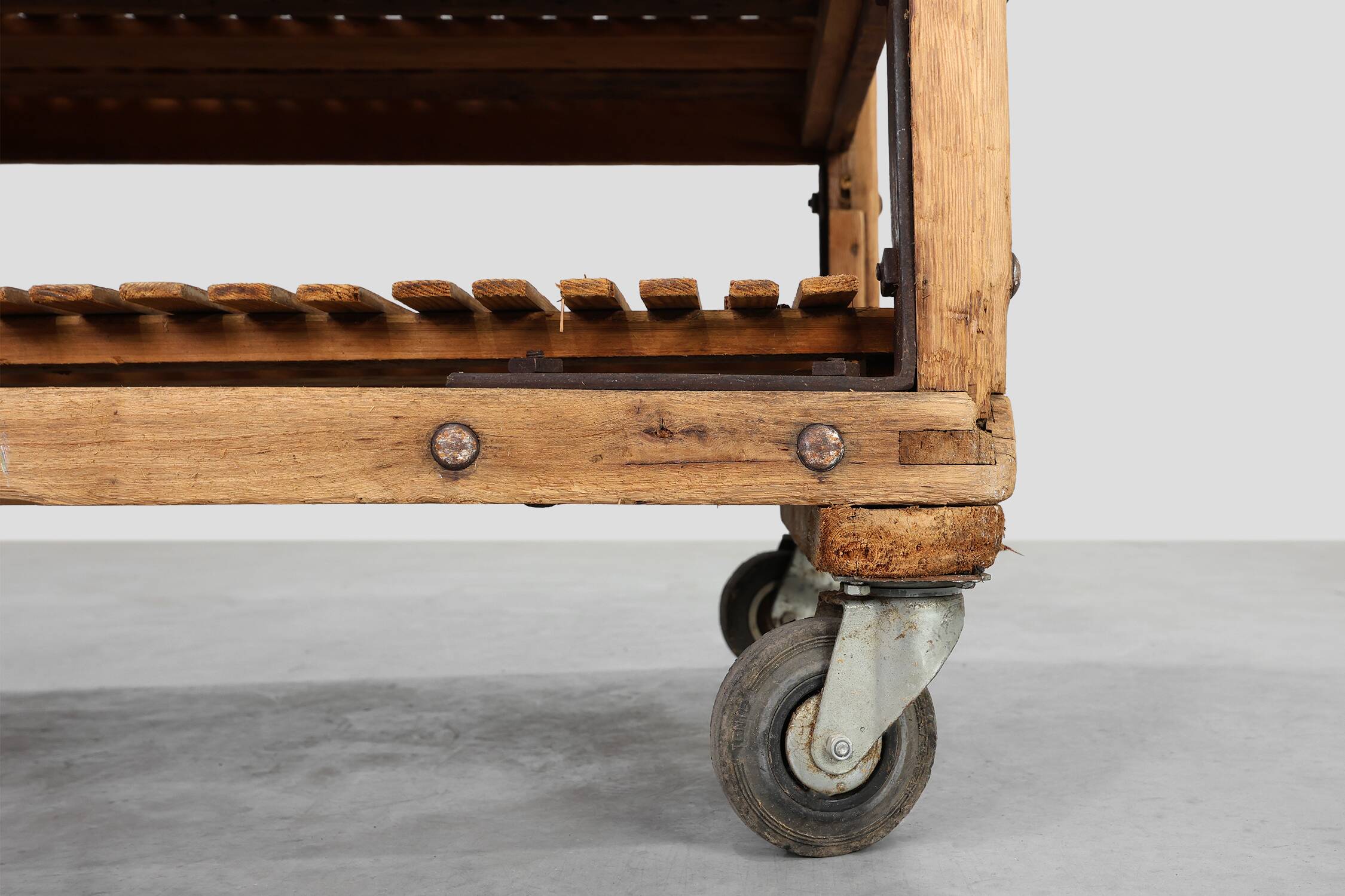 Large baker's cart/ rolling shelf in pine wood, France ca. 1900