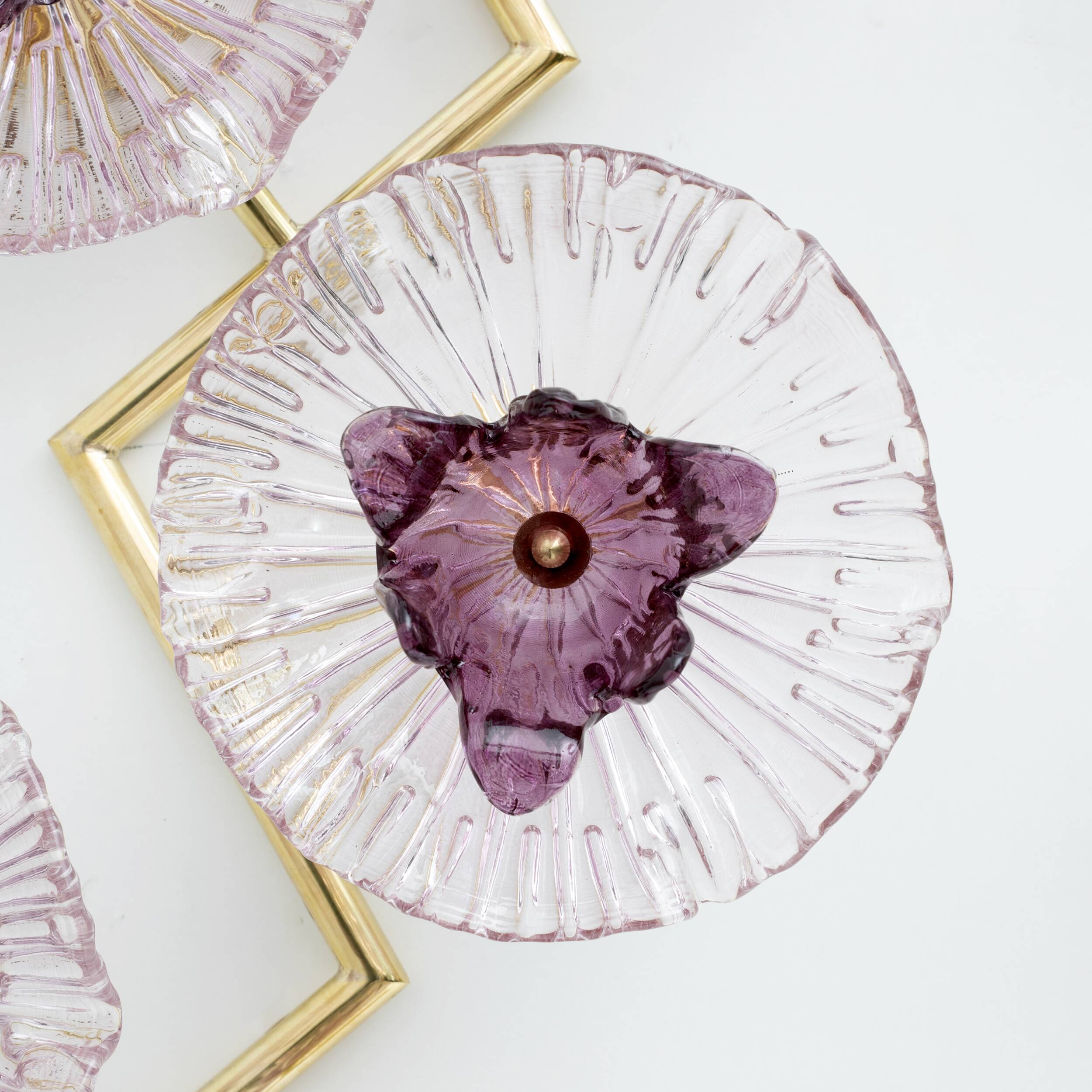 Pair of Modern Italian Murano Glass and Brass Flowers Wall Lamps