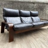 Scandinavian wooden and leather sofa, 1970s