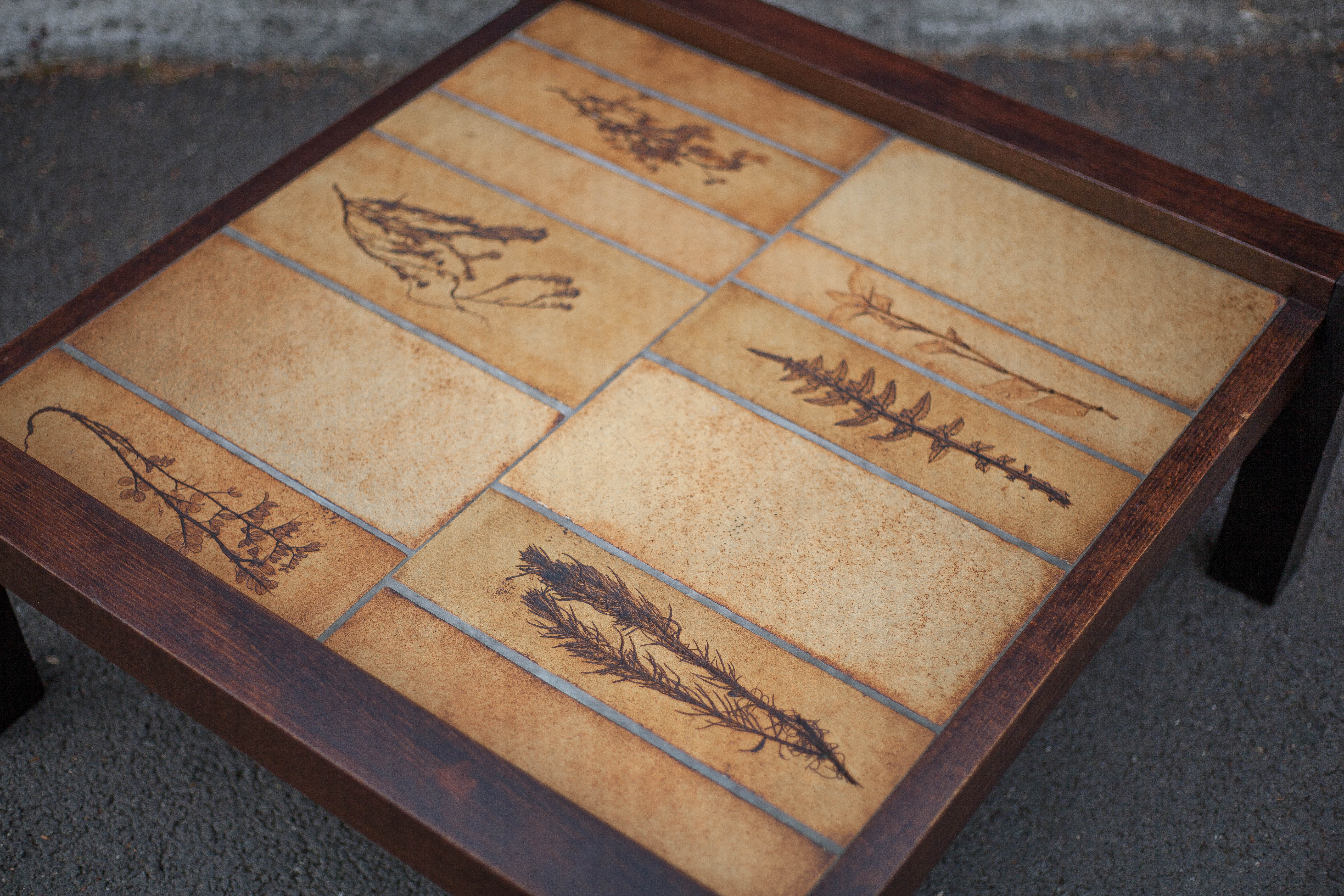 Herbarium ceramic coffee table with wooden structure, capron table, interior decoration