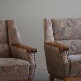 Mid-century modern Danish, pair of oak armchairs with original fabric, 1960s.