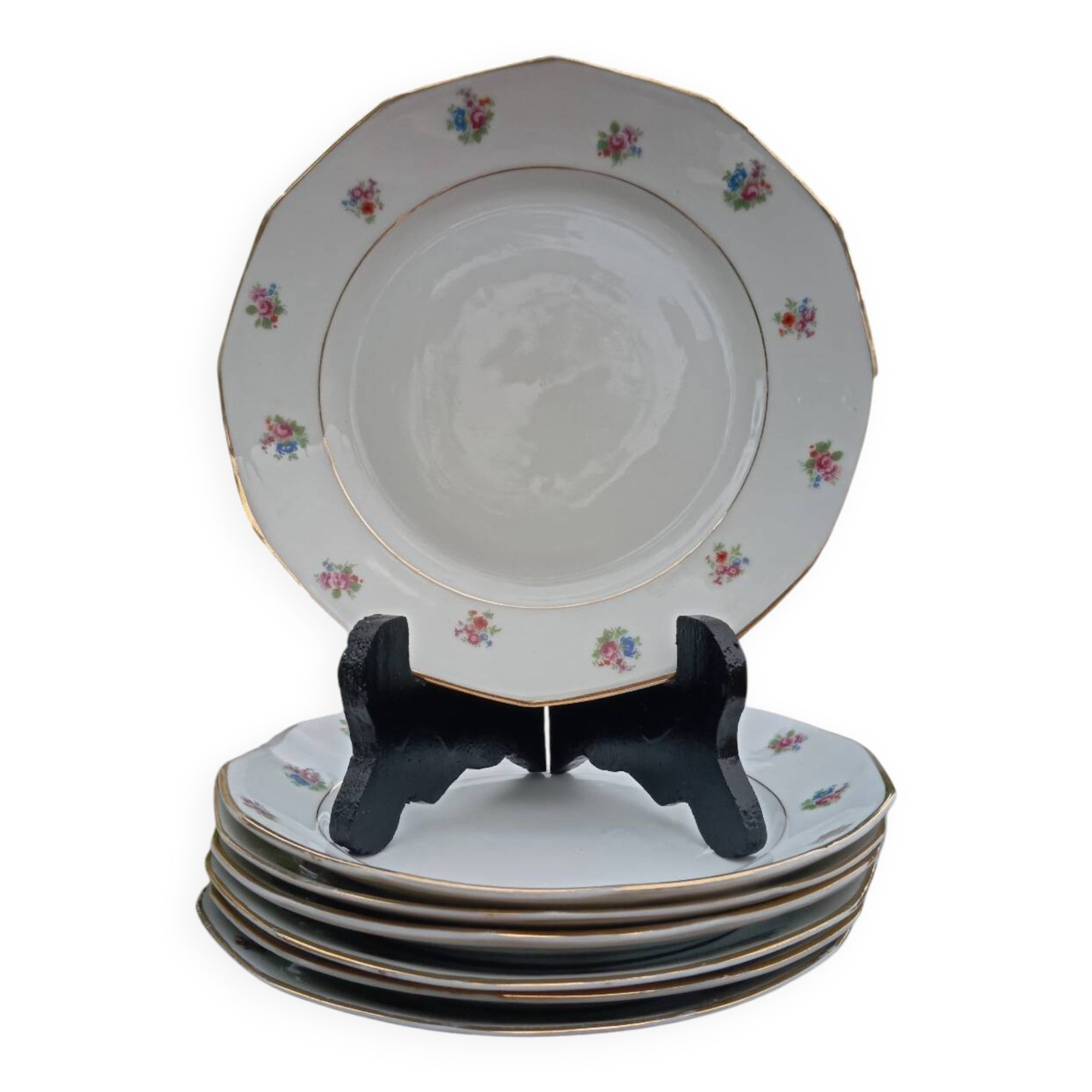 Assiettes à dessert x 7 porcelaine rétro 1920/50 à fleurs, CH-RENOU