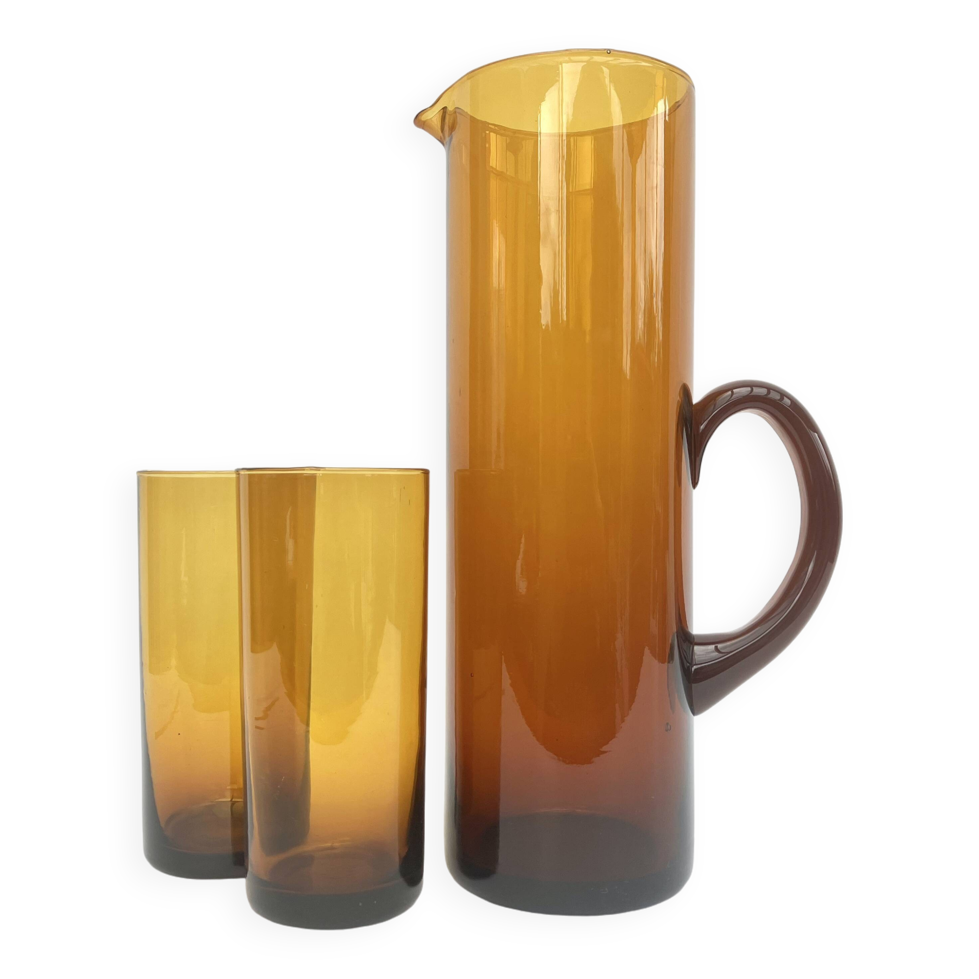 Carafe/pitcher and two amber glasses • Blown glass • France • 1970s