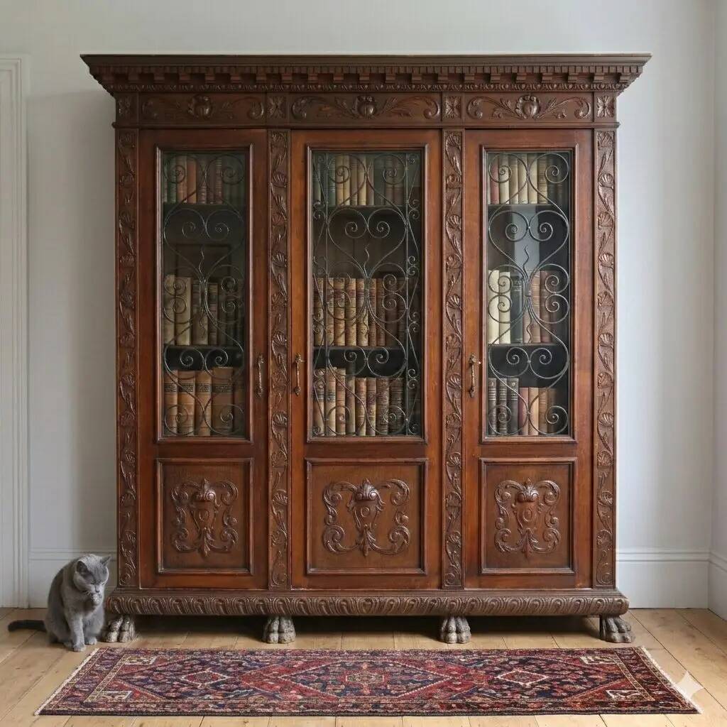 Bibliothèque ancienne style néo-Renaissance en noyer XXe siècle