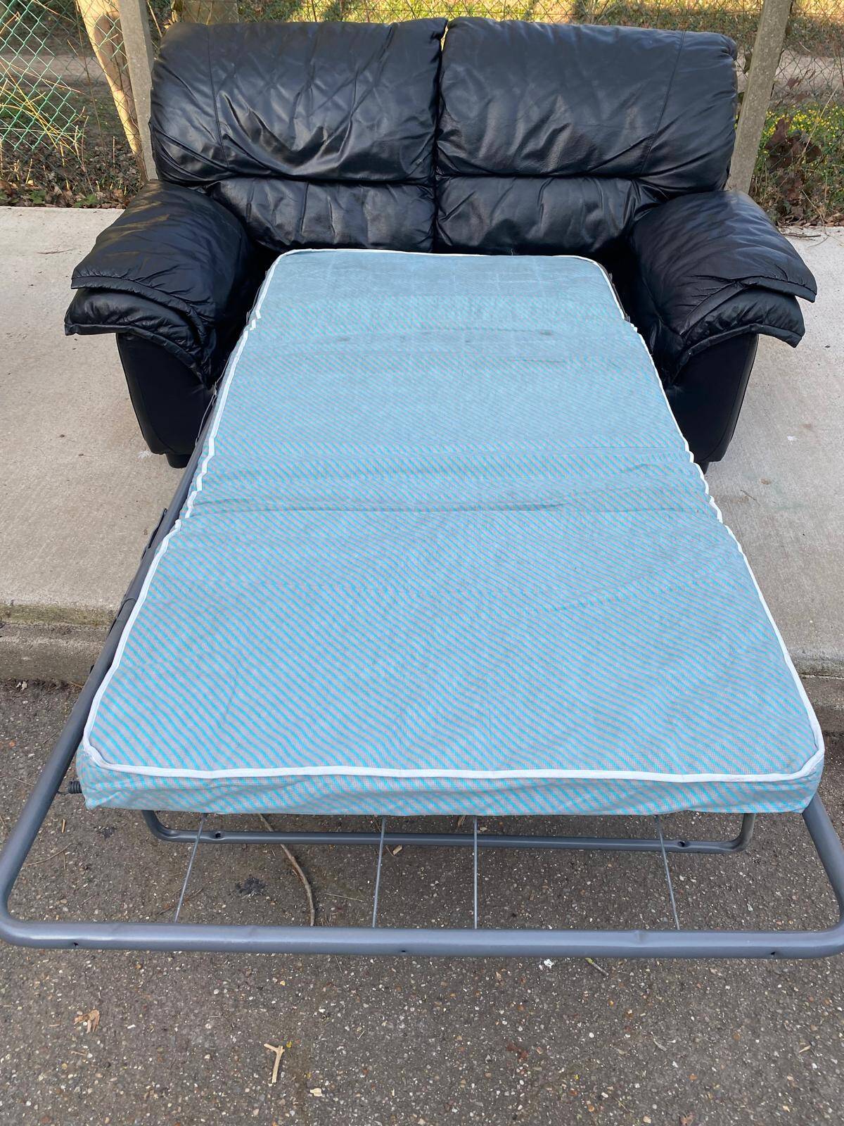 2 seater black leather convertible sofa 150cm