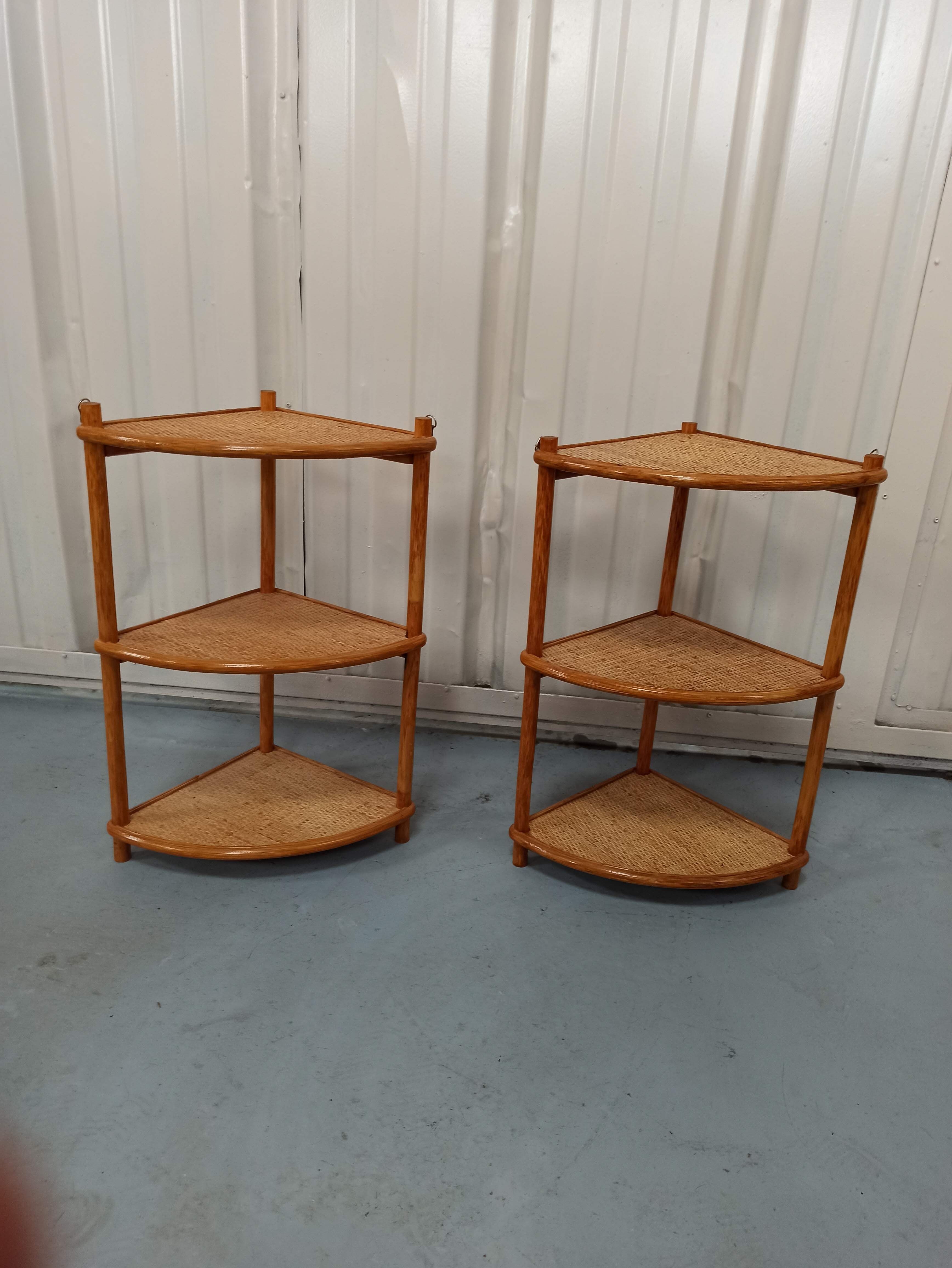 Pair corner shelves bamboo and braided rattan angle bedside tables shelf