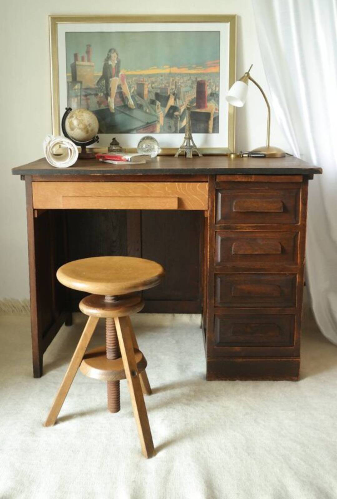 Vintage oak desk with its stool.