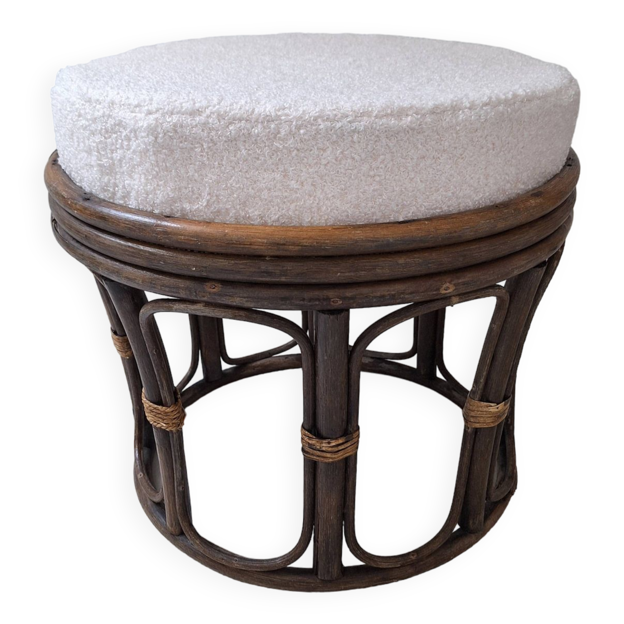 Vintage rattan and French terry fabric pouf