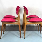 Set of four red velvet and wood dining chairs, Italy 1950