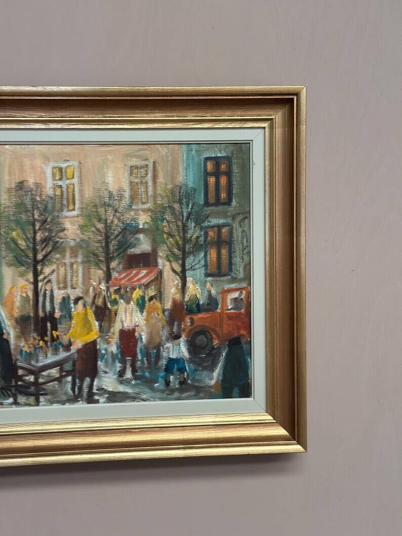 Original Swedish Oil on Canvas – “Market Scene” by Arne Wallsten – Signed