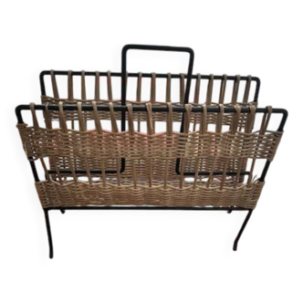 Vintage wicker and metal magazine rack